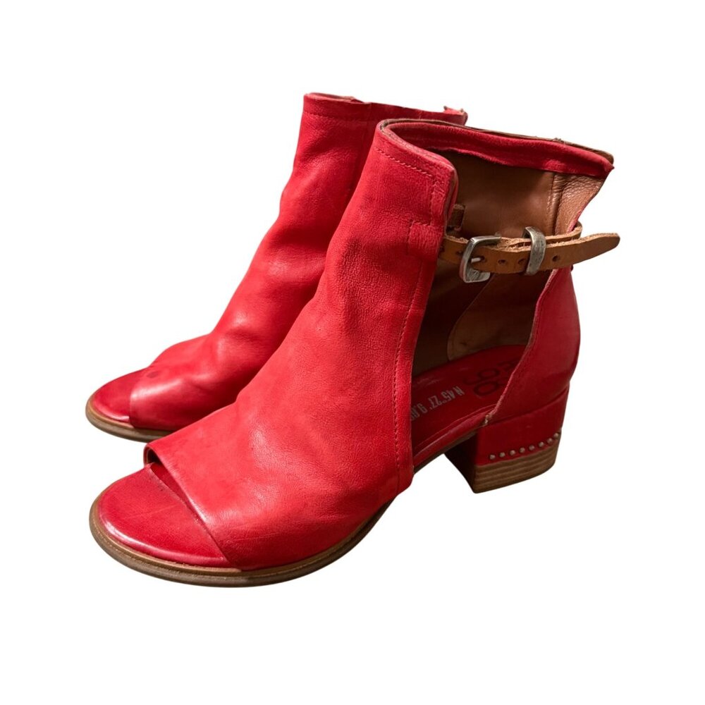 AS 98 Morgan Red Soft Leather Block Heel Open Toe Bootie Sandals Womens 7 EU37